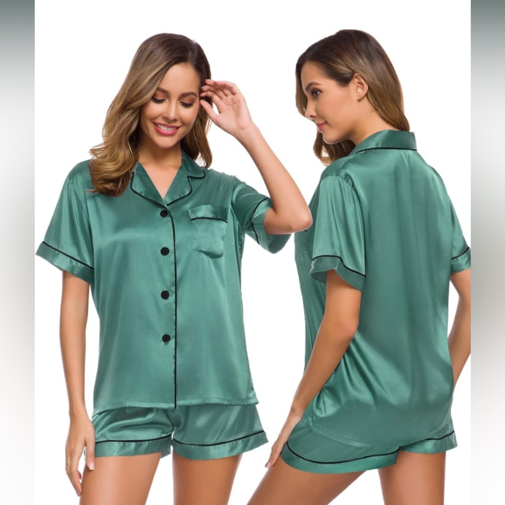 SWOMOG Womens Silk Satin Pajamas Set Two-Piece Pj Sets Sleepwear Loungewear - M